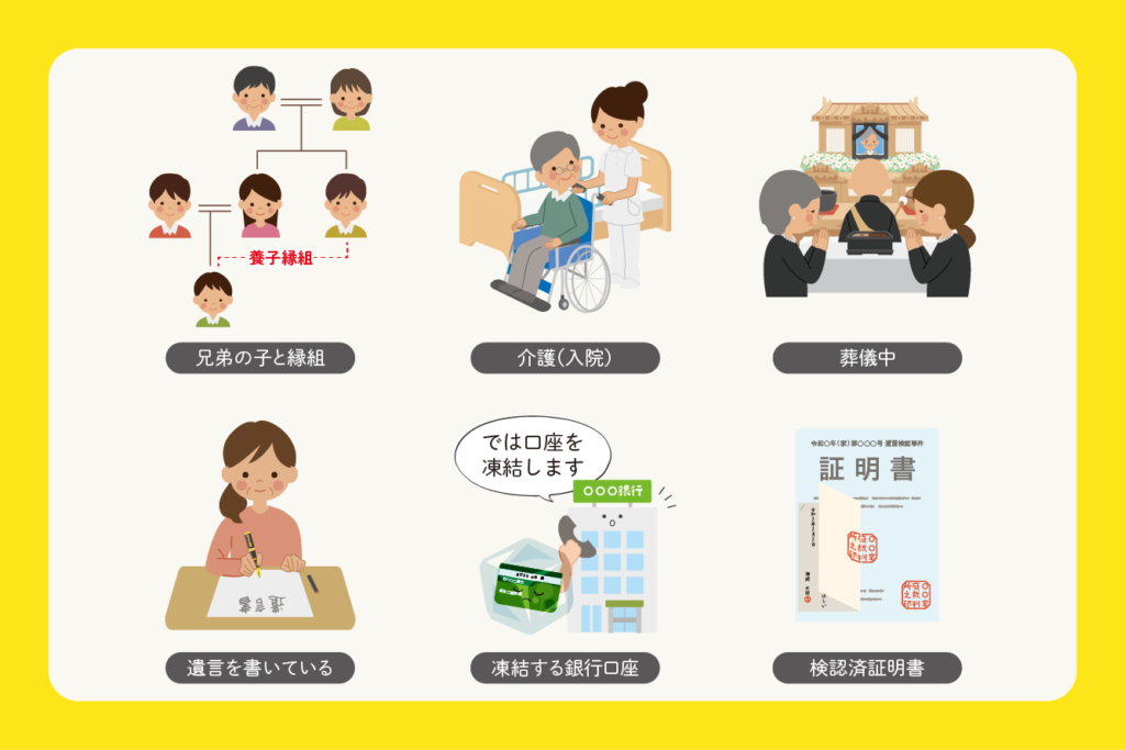 相続イラストの例「兄弟の子と縁組」「介護（入院）」「葬儀中」「遺言を書いている」「凍結する銀行口座」「検認済証明書」