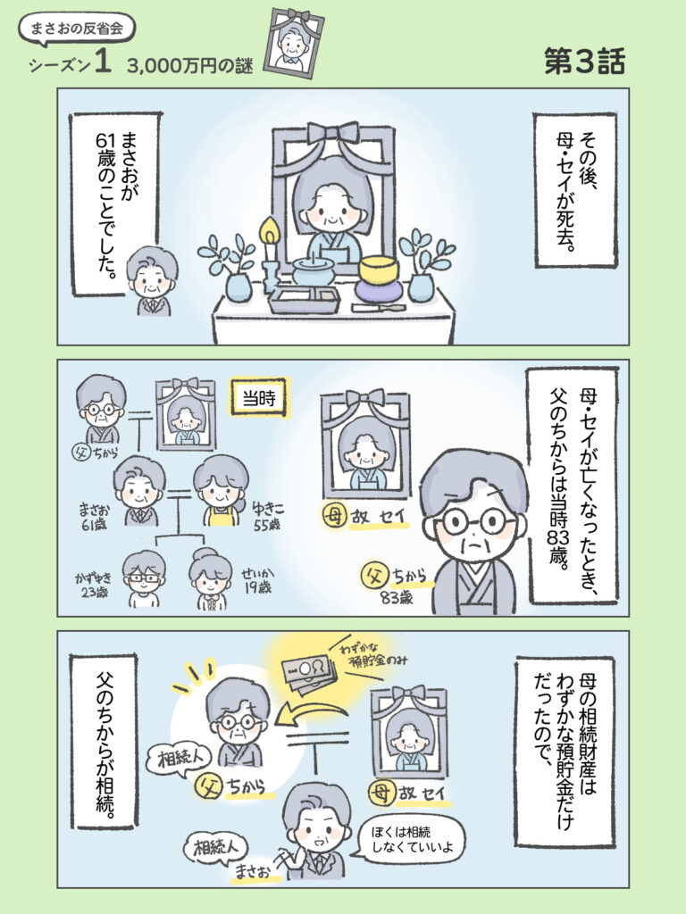 『わたしと相続の100日物語』まさおの反省会①3,000万円の謎　第3話