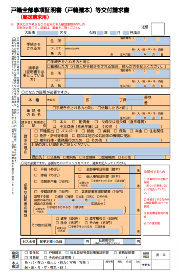 戸籍謄本・戸籍抄本の交付請求｜大阪市