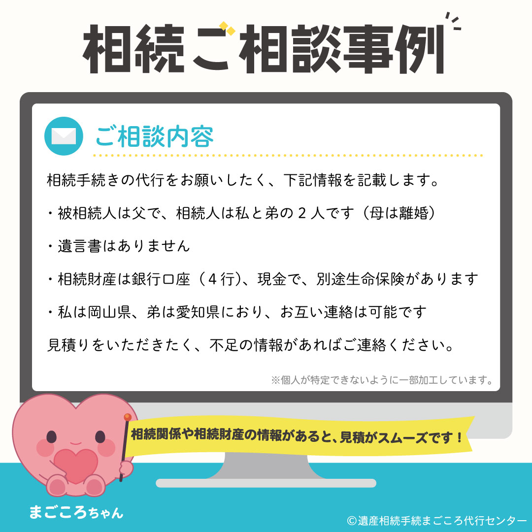 相続ご相談事例⑨「相続手続きの代行をお願いしたく、下記情報を記載します。被相続人は父で、相続人は私と弟の２人です（母は離婚）」