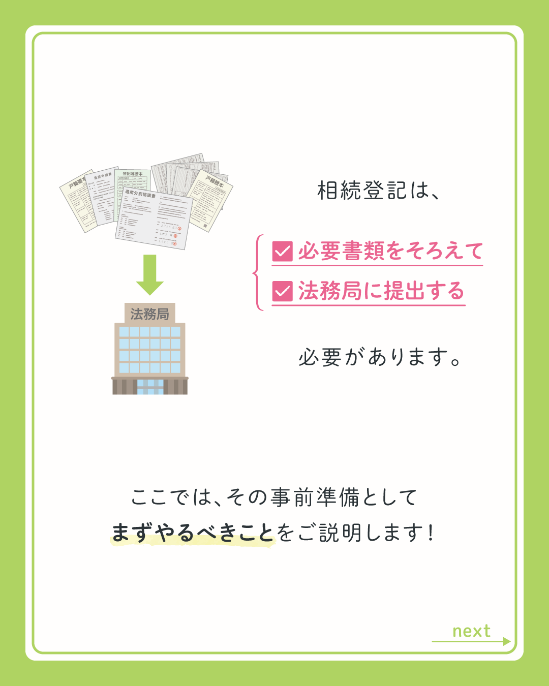 相続登記は、必要書類をそろえて、法務局に提出する必要があります。