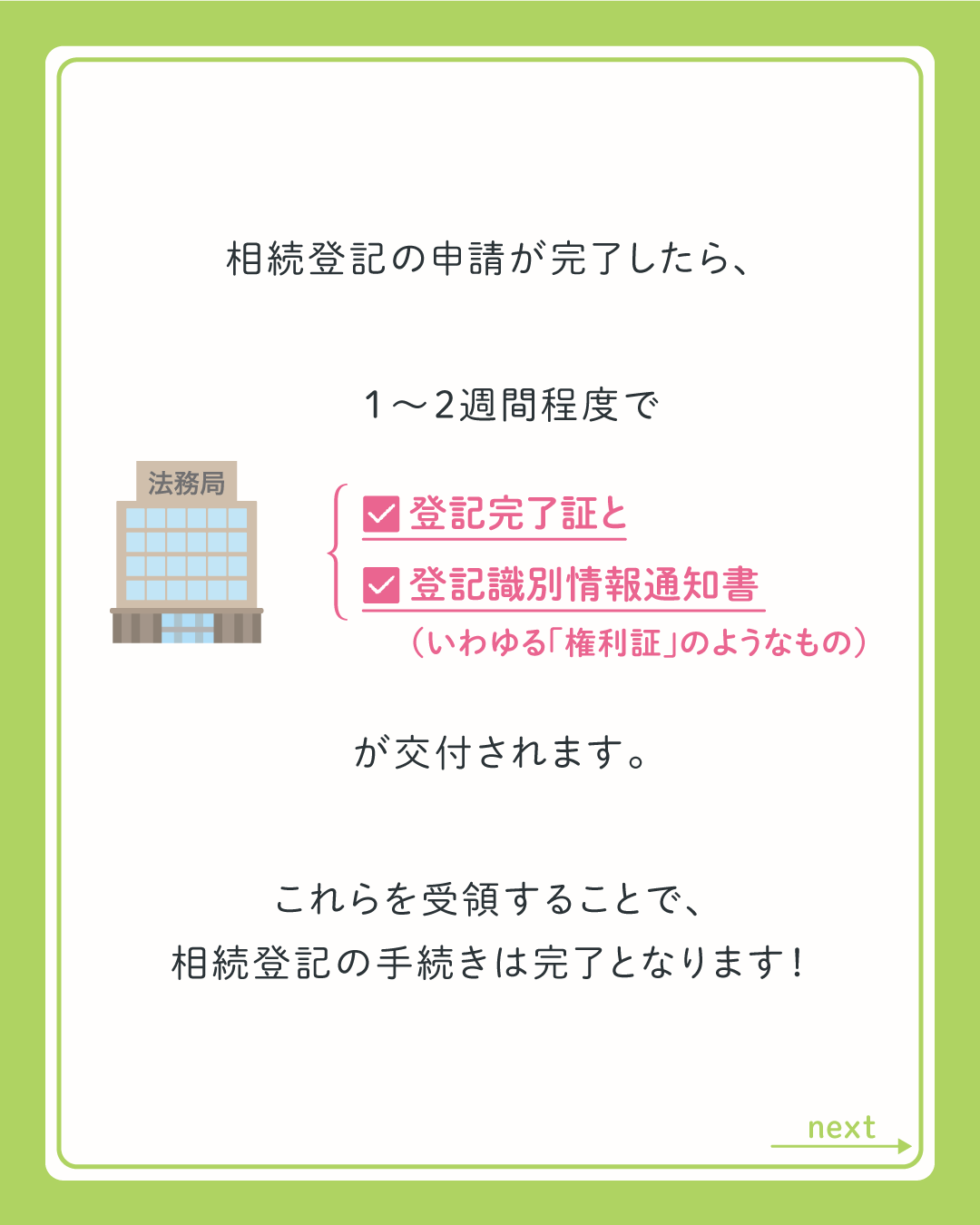 相続登記の申請が完了したら、1～2週間で「登記完了証」「登記識別情報通知書」が交付されます。