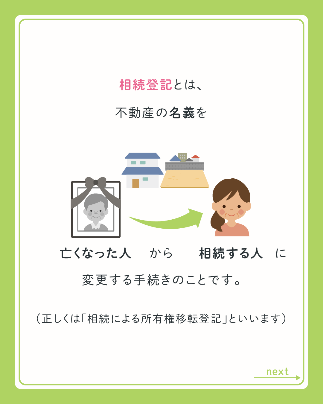 相続登記とは、不動産の名義を亡くなった人から相続する人に変更する手続きのことです。