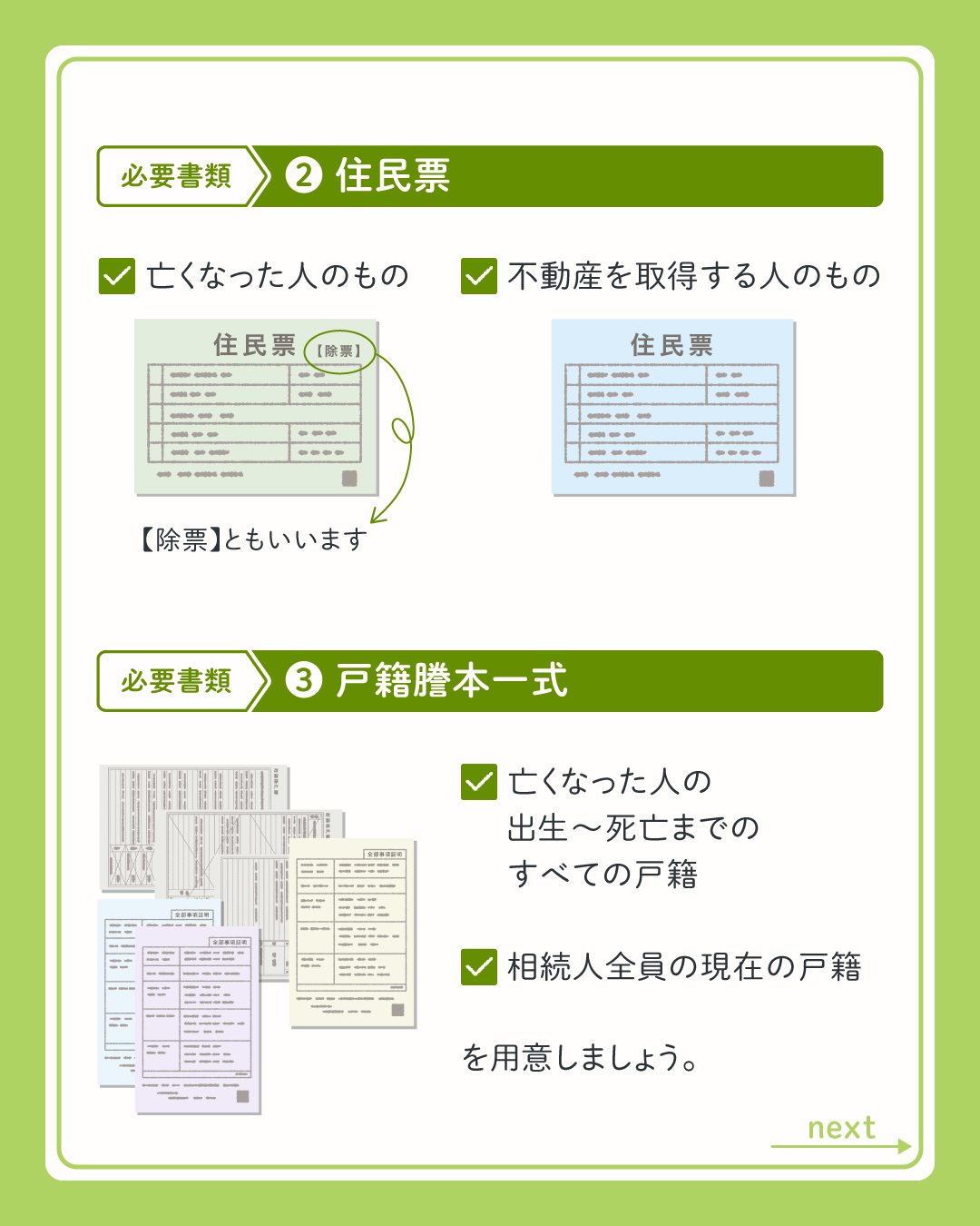 相続登記の必要書類②住民票　③戸籍謄本
