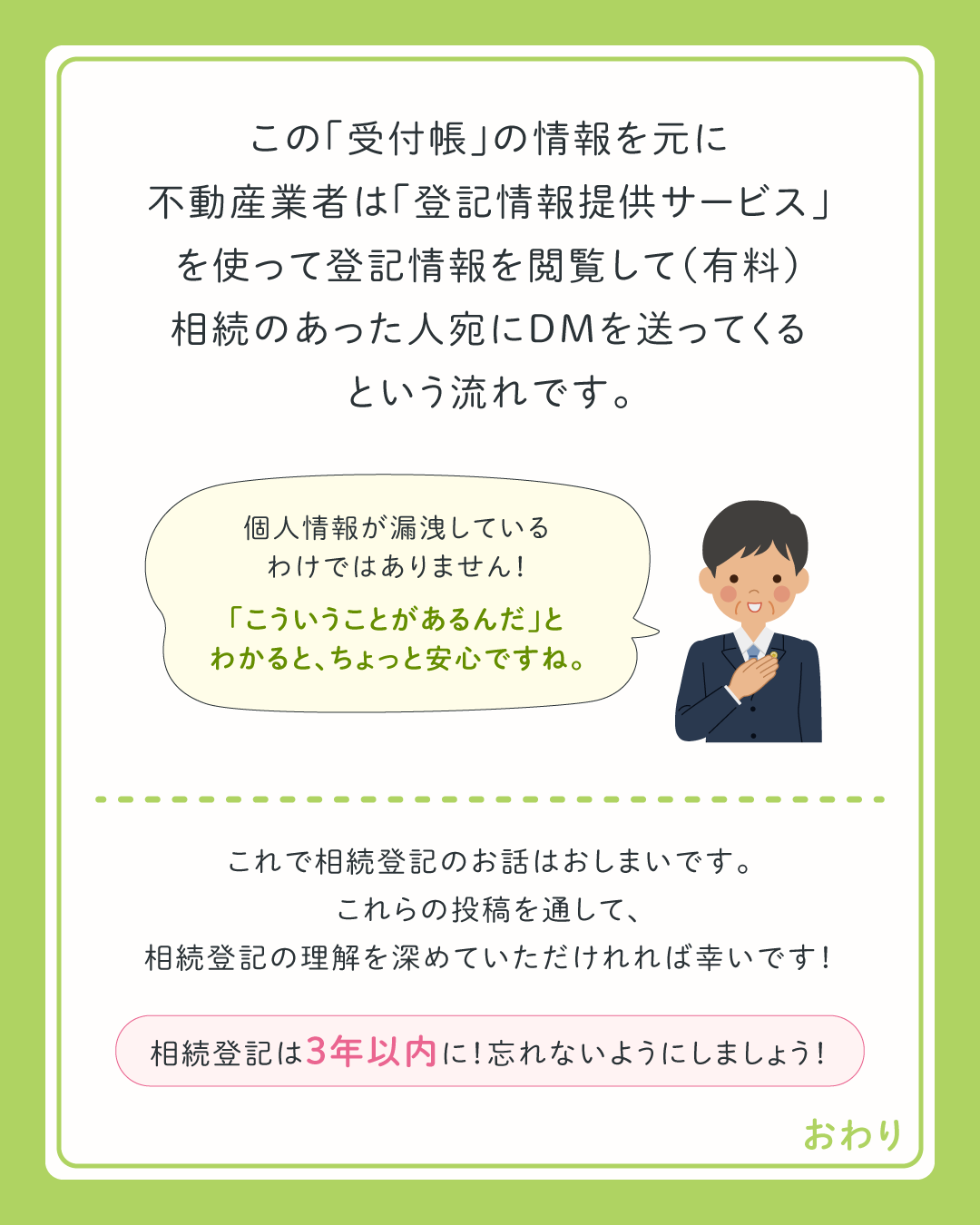 この受付帳の情報を元に、相続のあった人宛にDMを送ってきます。